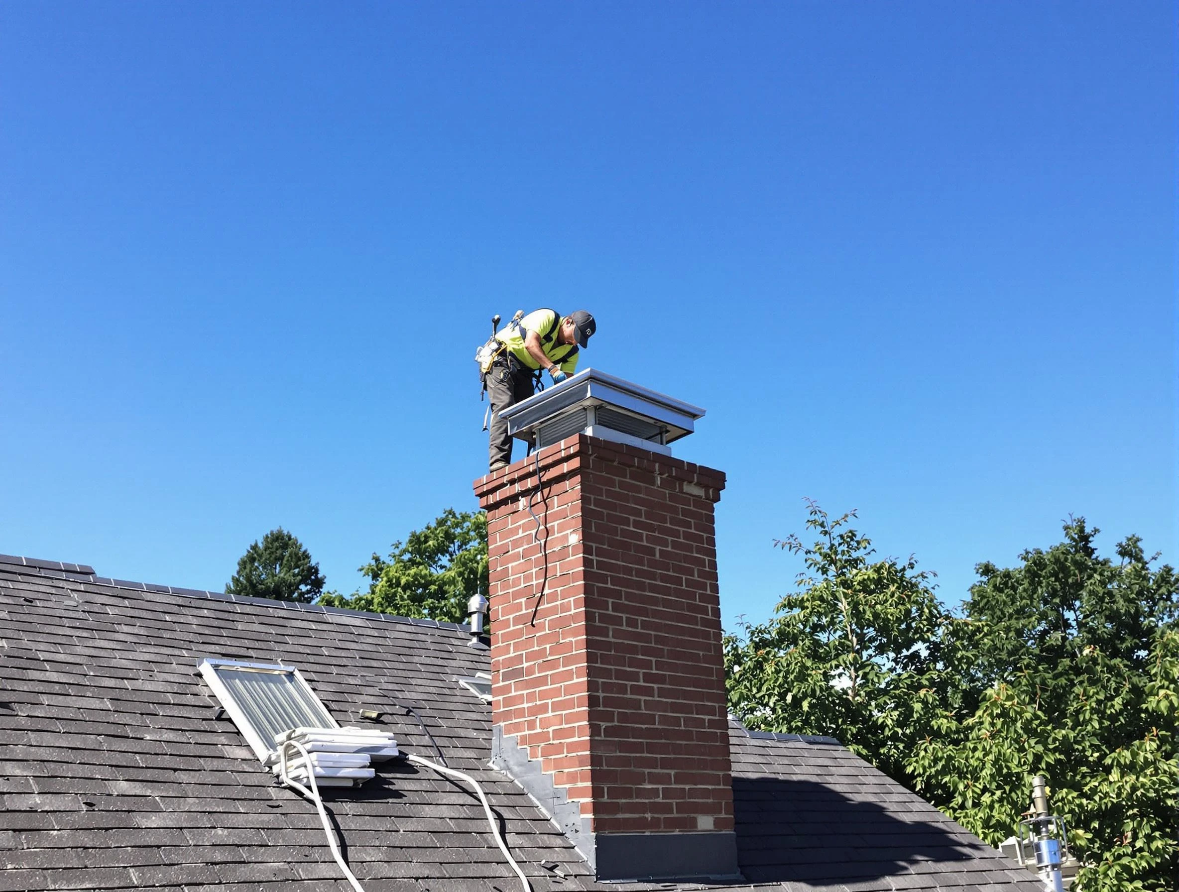 Sandston Chimney Sweep technician measuring a chimney cap in Sandston, VA
